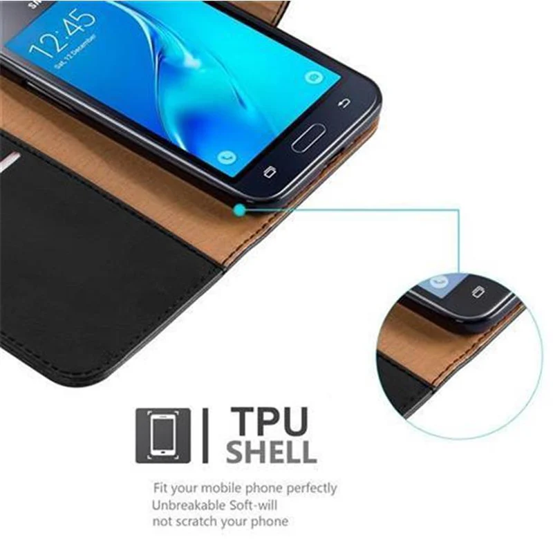 Cadorabo Hülle kompatibel mit Samsung Galaxy J1 2016 Schutzhülle mit Magnetverschluss, Standfunktion und Kartenfach