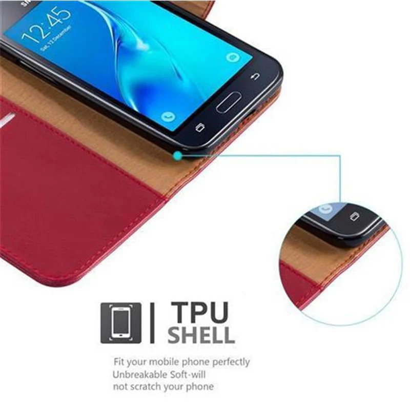 Cadorabo Hülle kompatibel mit Samsung Galaxy J1 2016 Schutzhülle mit Magnetverschluss, Standfunktion und Kartenfach