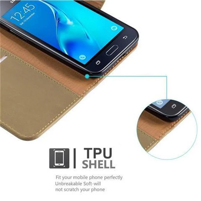 Cadorabo Hülle kompatibel mit Samsung Galaxy J1 2016 Schutzhülle mit Magnetverschluss, Standfunktion und Kartenfach