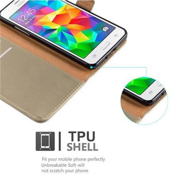 Cadorabo Hülle kompatibel mit Samsung Galaxy GRAND PRIME Schutzhülle mit Magnetverschluss, Standfunktion und Kartenfach