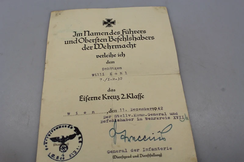 Urkunde zum Eisernen Kreuz 2. Klasse