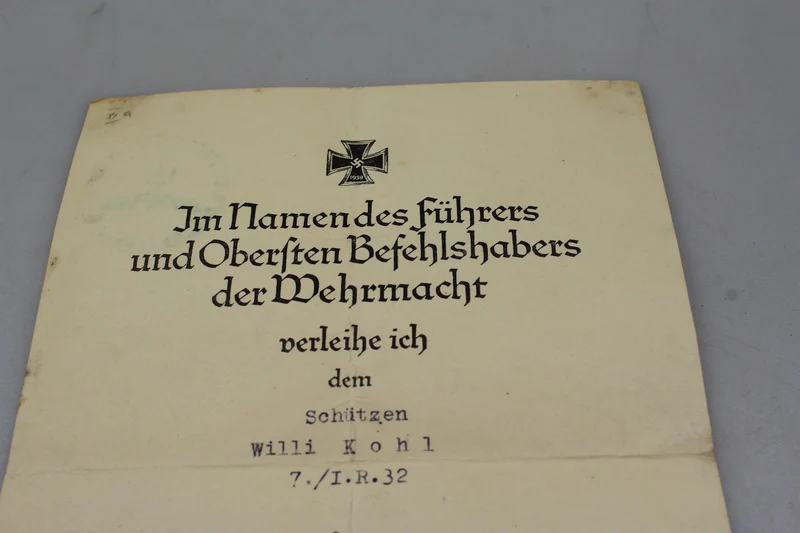 Urkunde zum Eisernen Kreuz 2. Klasse