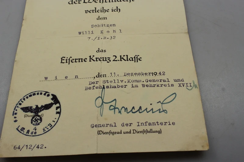 Urkunde zum Eisernen Kreuz 2. Klasse