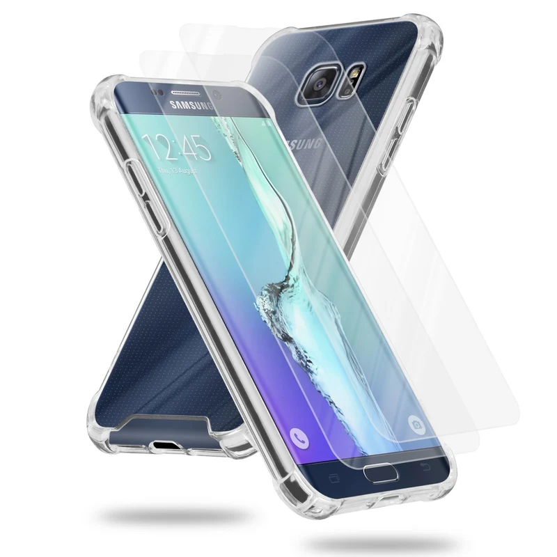 Cadorabo Hülle und 2x Tempered Schutzglas kompatibel mit Samsung Galaxy S6 Hybrid Schutzhülle mit TPU Silikon-Rand und Acryl-Glas-Rücken