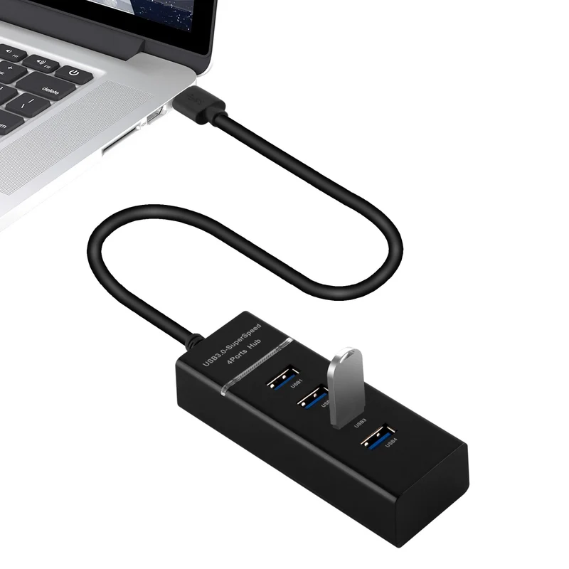 Cadorabo - 4-Port USB 3.0 Multischnittstelle USB Hub Plug & Play mit USB Stecker, Buchse und Power Supply für Geräte mit USB Ladeanschluss - Adapter Port Schnittstelle Anschluss SCHWARZ