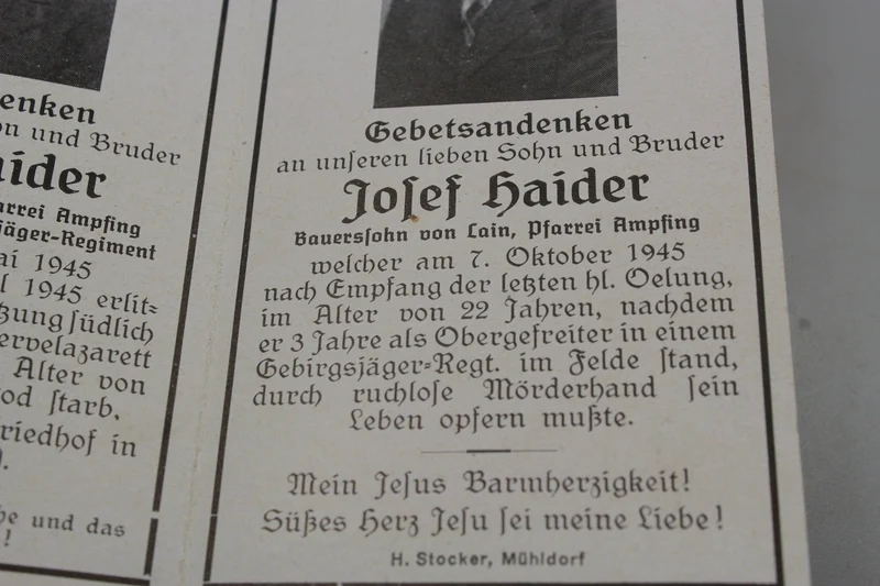 Sterbebilder 2 Gebirgsjägerbrüder, einer fiel am 18 in Bologna