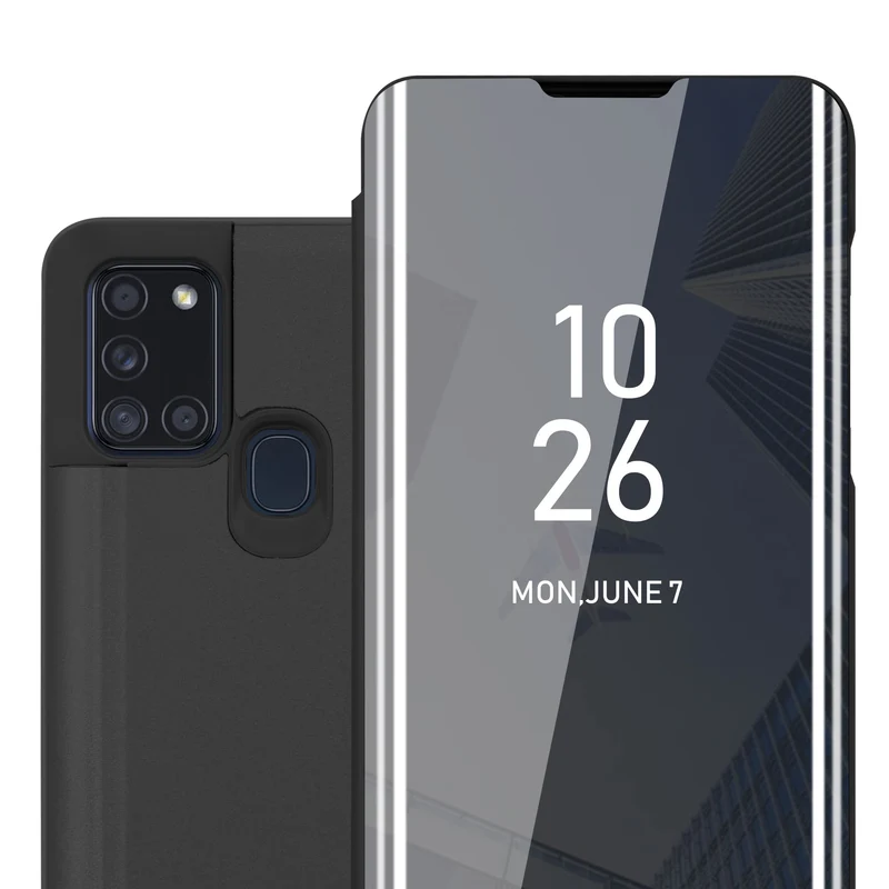 Cadorabo Hülle kompatibel mit Samsung Galaxy A21s Clear View Spiegel Schutzhülle mit Standfunktion 360 Grad Schutz