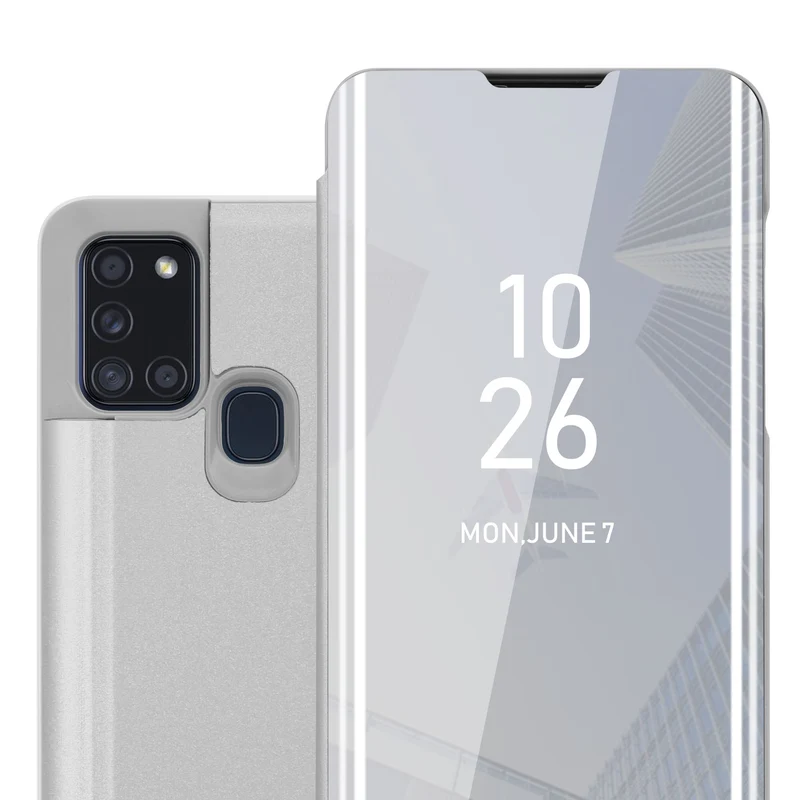 Cadorabo Hülle kompatibel mit Samsung Galaxy A21s Clear View Spiegel Schutzhülle mit Standfunktion 360 Grad Schutz