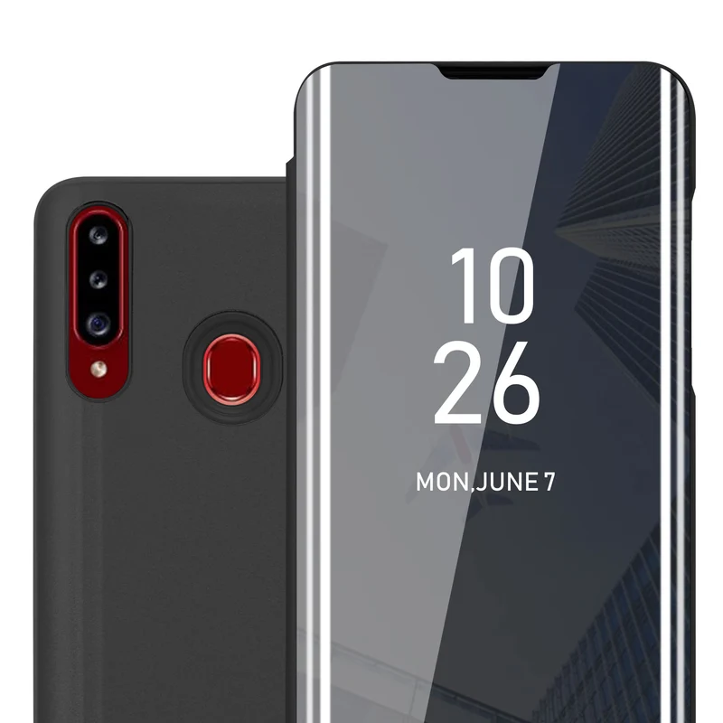 Cadorabo Hülle kompatibel mit Samsung Galaxy A20s Clear View Spiegel Schutzhülle mit Standfunktion 360 Grad Schutz