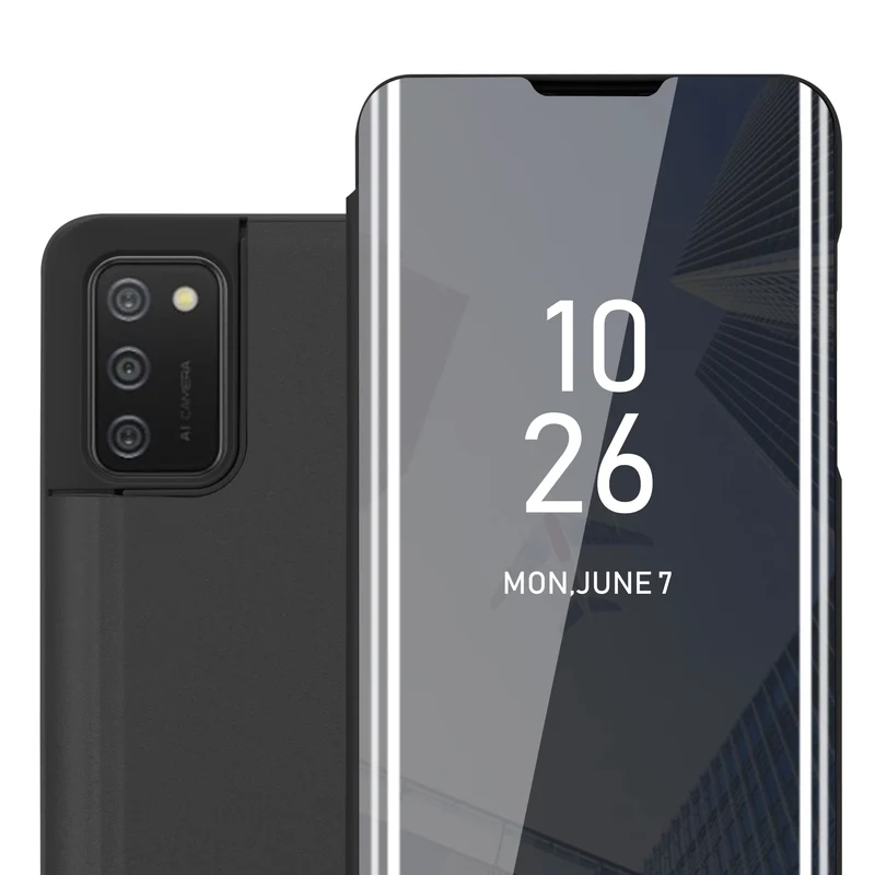 Cadorabo Hülle kompatibel mit Samsung Galaxy A02s Clear View Spiegel Schutzhülle mit Standfunktion 360 Grad Schutz