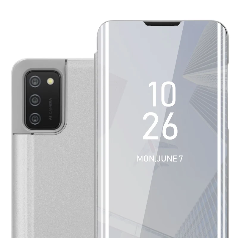 Cadorabo Hülle kompatibel mit Samsung Galaxy A02s Clear View Spiegel Schutzhülle mit Standfunktion 360 Grad Schutz