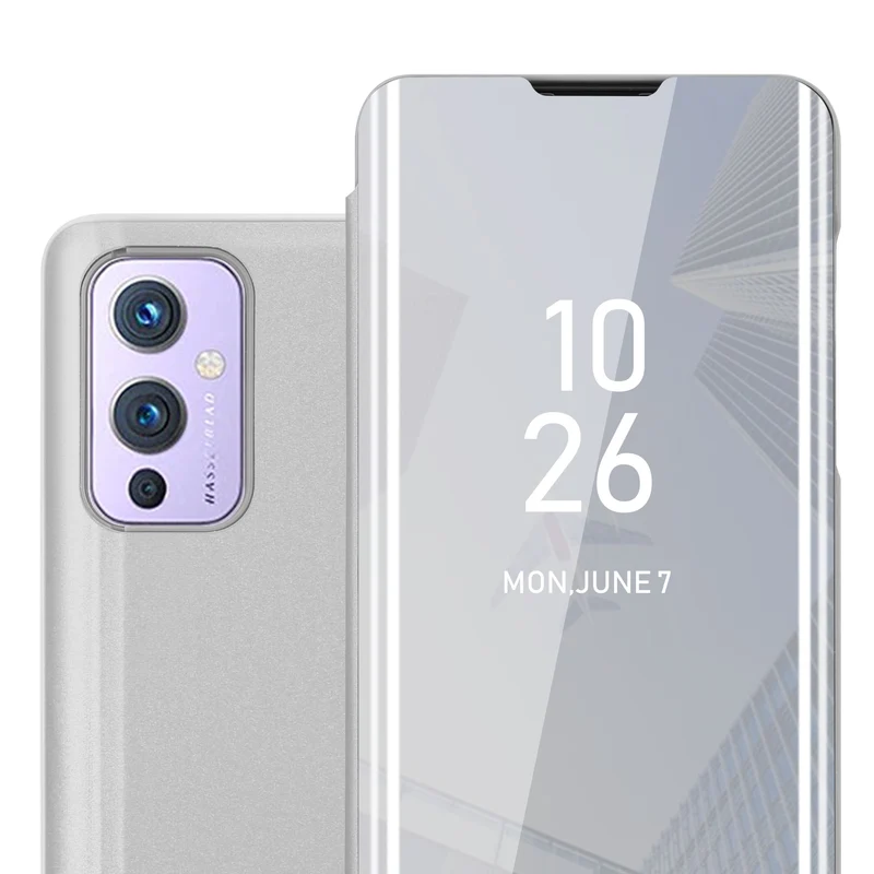 Cadorabo Hülle kompatibel mit OnePlus 9 Clear View Spiegel Schutzhülle mit Standfunktion 360 Grad Schutz