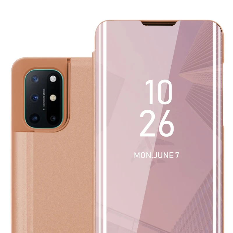 Cadorabo Hülle kompatibel mit OnePlus 8T Clear View Spiegel Schutzhülle mit Standfunktion 360 Grad Schutz