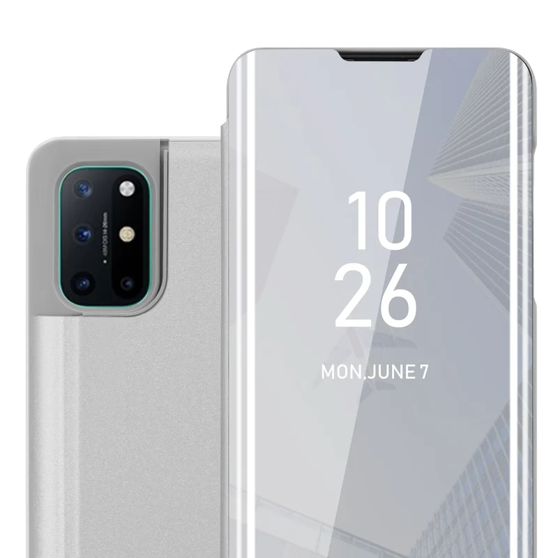 Cadorabo Hülle kompatibel mit OnePlus 8T Clear View Spiegel Schutzhülle mit Standfunktion 360 Grad Schutz