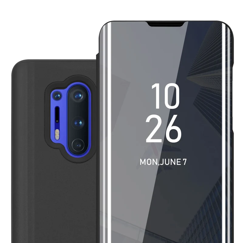 Cadorabo Hülle kompatibel mit OnePlus 8 PRO Clear View Spiegel Schutzhülle mit Standfunktion 360 Grad Schutz