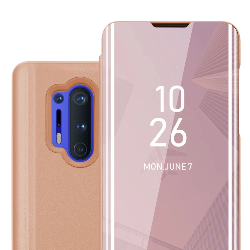 Cadorabo Hülle kompatibel mit OnePlus 8 PRO Clear View Spiegel Schutzhülle mit Standfunktion 360 Grad Schutz