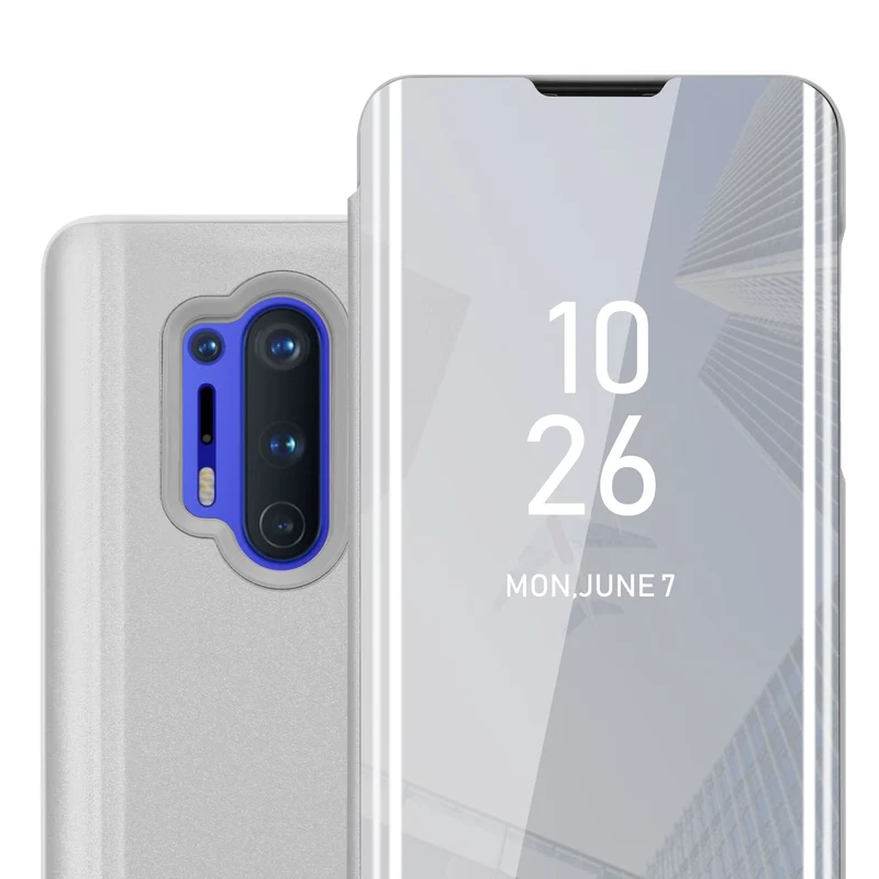 Cadorabo Hülle kompatibel mit OnePlus 8 PRO Clear View Spiegel Schutzhülle mit Standfunktion 360 Grad Schutz