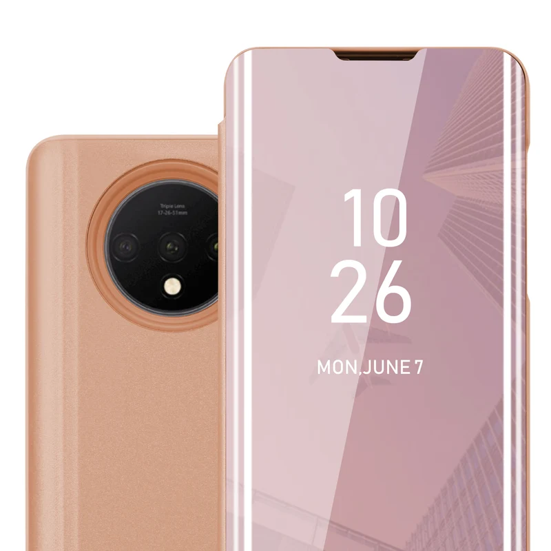 Cadorabo Hülle kompatibel mit OnePlus 7T Clear View Spiegel Schutzhülle mit Standfunktion 360 Grad Schutz