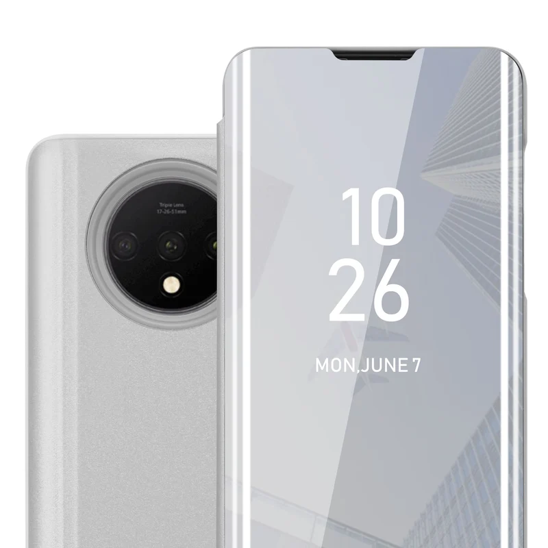 Cadorabo Hülle kompatibel mit OnePlus 7T Clear View Spiegel Schutzhülle mit Standfunktion 360 Grad Schutz