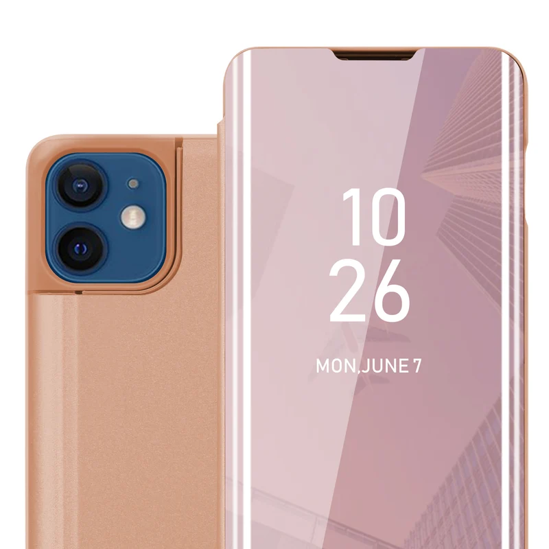 Cadorabo Hülle kompatibel mit Apple iPhone 12 / 12 PRO Clear View Spiegel Schutzhülle mit Standfunktion 360 Grad Schutz