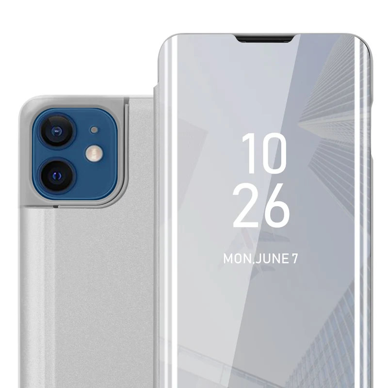 Cadorabo Hülle kompatibel mit Apple iPhone 12 / 12 PRO Clear View Spiegel Schutzhülle mit Standfunktion 360 Grad Schutz