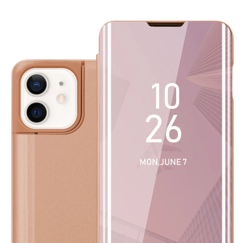 Cadorabo Hülle kompatibel mit Apple iPhone 12 MINI Clear View Spiegel Schutzhülle mit Standfunktion 360 Grad Schutz