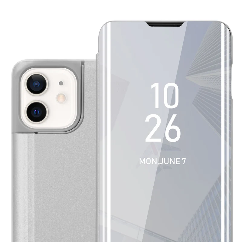 Cadorabo Hülle kompatibel mit Apple iPhone 12 MINI Clear View Spiegel Schutzhülle mit Standfunktion 360 Grad Schutz