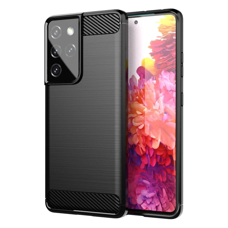 Cadorabo Hülle für Samsung Galaxy S21 ULTRA Schutzhülle aus flexiblem TPU Silikon in Edelstahl-Karbonfaser Optik