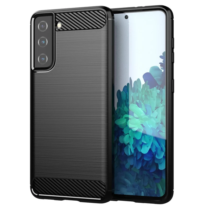 Cadorabo Hülle für Samsung Galaxy S21 FE Schutzhülle aus flexiblem TPU Silikon in Edelstahl-Karbonfaser Optik