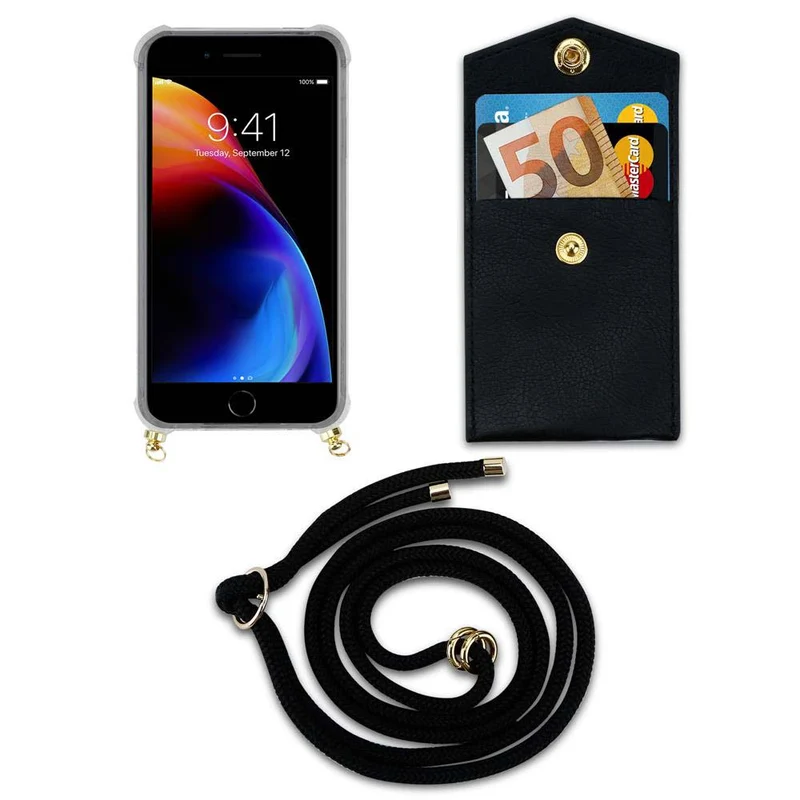 Cadorabo Handy Kette kompatibel mit Apple iPhone 7 / 7S / 8 / SE 2020 Silikon Schutzhülle mit Gold Ringen, Kordel Band und abnehmbarem Etui
