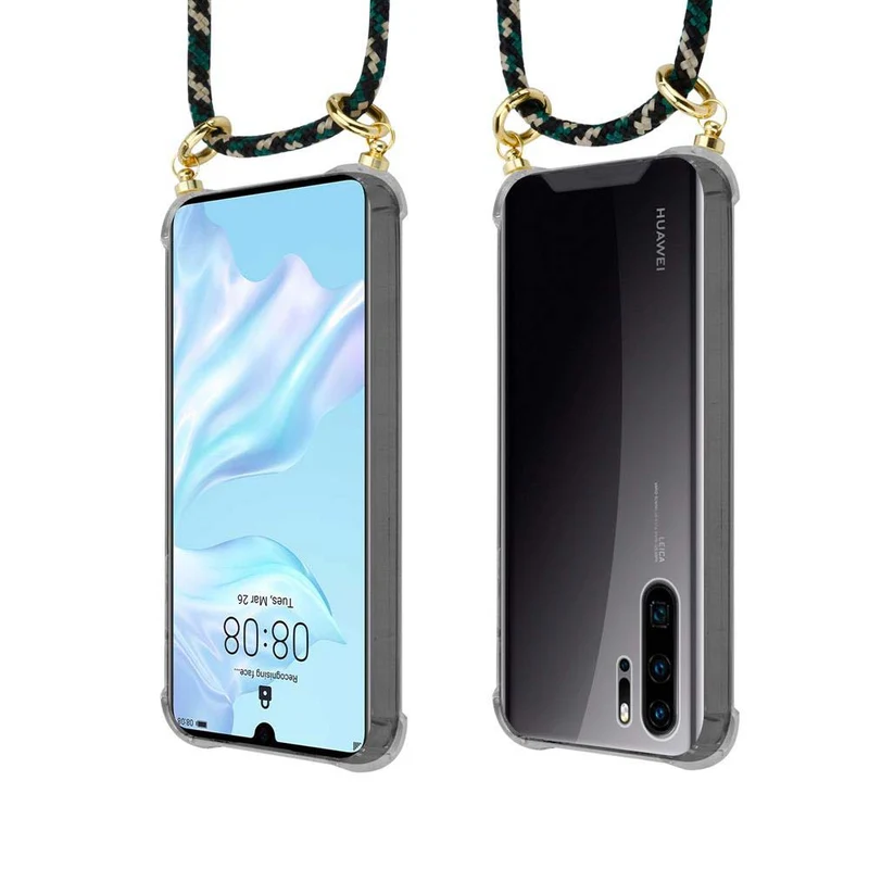 Cadorabo Handy Kette kompatibel mit Huawei P30 PRO Silikon Schutzhülle mit Gold Ringen, Kordel Band und abnehmbarem Etui