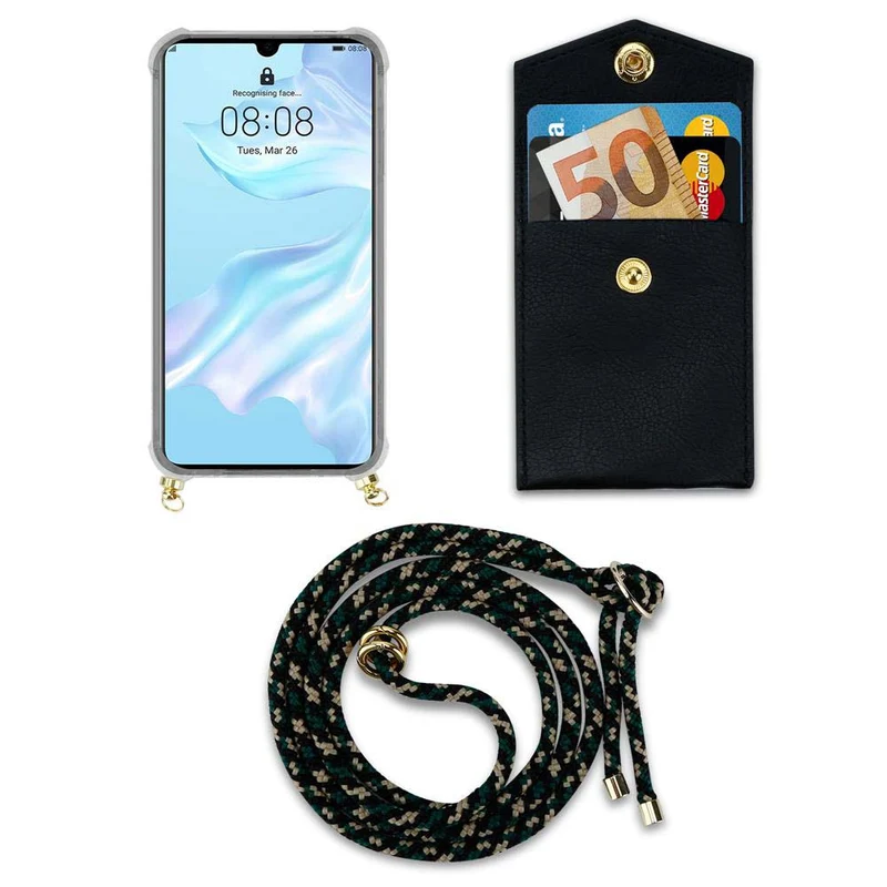 Cadorabo Handy Kette kompatibel mit Huawei P30 PRO Silikon Schutzhülle mit Gold Ringen, Kordel Band und abnehmbarem Etui