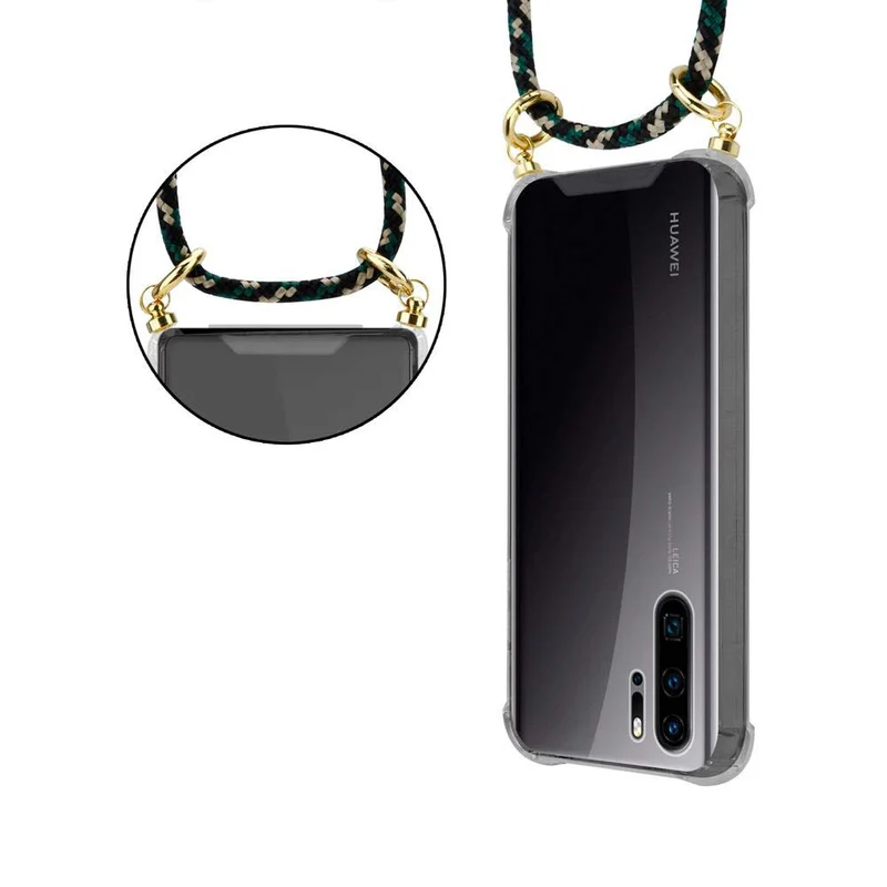 Cadorabo Handy Kette kompatibel mit Huawei P30 PRO Silikon Schutzhülle mit Gold Ringen, Kordel Band und abnehmbarem Etui