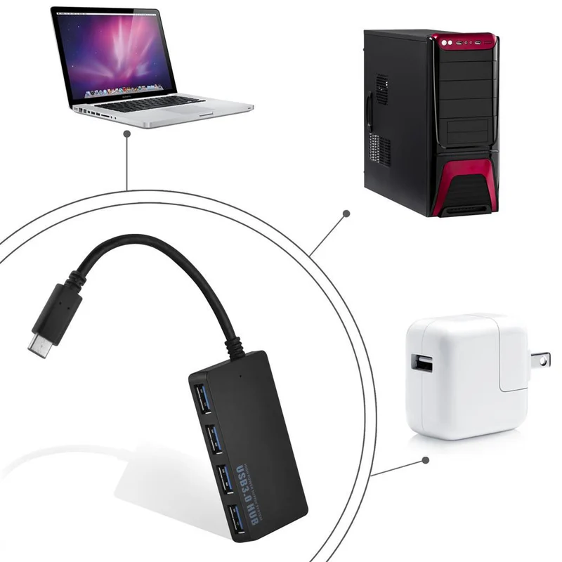 Cadorabo 4-Port USB 3.0 Multischnittstelle USB Hub Plug & Play mit USB-C Stecker Typ-C Buchse und Power Supply passend für Laptops, Tablets und modernen Geräte mit USB-C Ladeanschluss in SCHWARZ