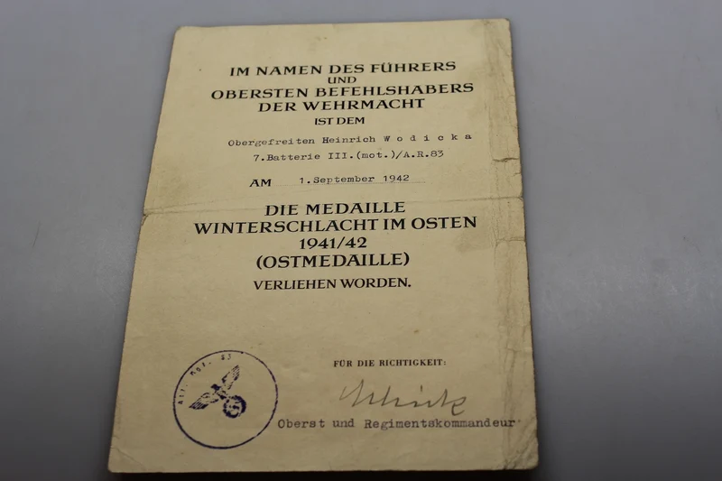 Ostmedaille-Verleihungsurkunde 1941/42