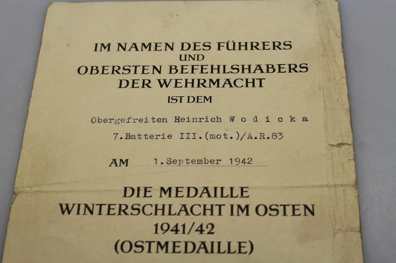 Ostmedaille-Verleihungsurkunde 1941/42