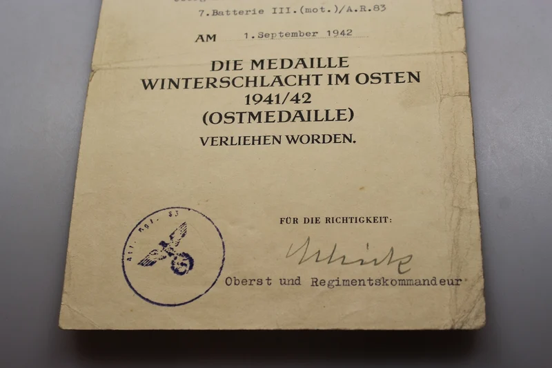 Ostmedaille-Verleihungsurkunde 1941/42