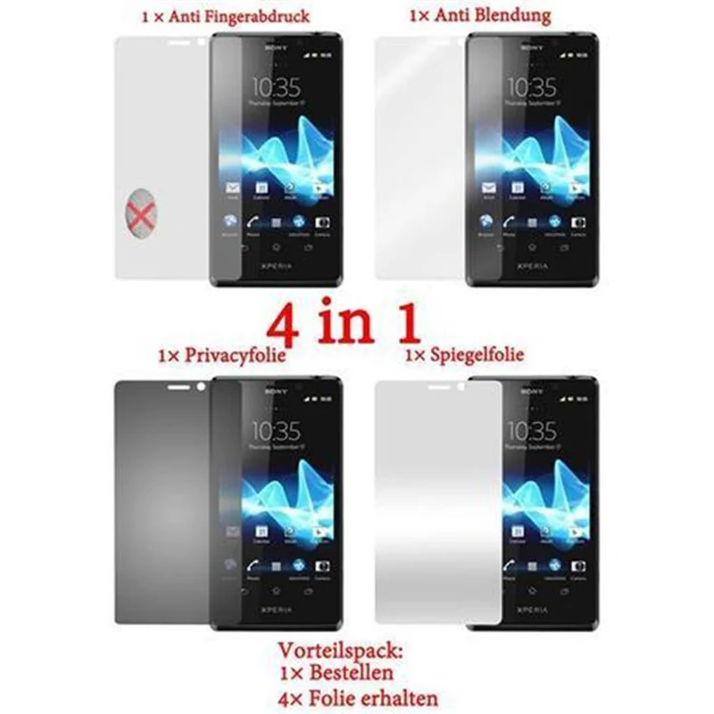 Cadorabo Displayschutzfolien kompatibel mit Sony Xperia T - Schutzfolien 4 Folien (1x Privacy - 1x Spiegel - 1x Matt - 1x Anti-Fingerabdruck)