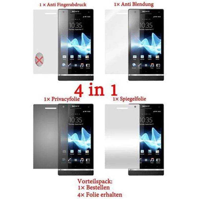Cadorabo Displayschutzfolien kompatibel mit Sony Xperia S - Schutzfolien 4 Folien (1x Privacy - 1x Spiegel - 1x Matt - 1x Anti-Fingerabdruck)