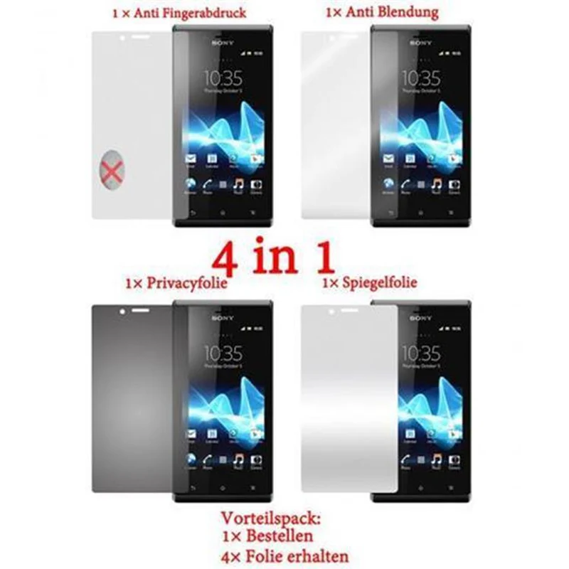 Cadorabo Displayschutzfolien kompatibel mit Sony Xperia J - Schutzfolien 4 Folien (1x Privacy - 1x Spiegel - 1x Matt - 1x Anti-Fingerabdruck)
