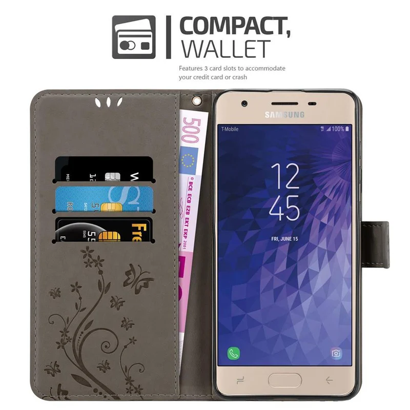 Cadorabo Hülle kompatibel mit Samsung Galaxy J3 2018 Schutzhülle im Blumen Design mit Magnetverschluss, Standfunktion und Kartenfächern