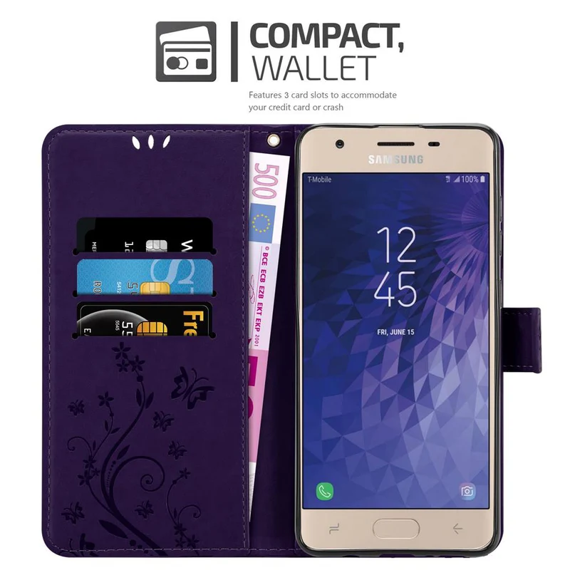 Cadorabo Hülle kompatibel mit Samsung Galaxy J3 2018 Schutzhülle im Blumen Design mit Magnetverschluss, Standfunktion und Kartenfächern