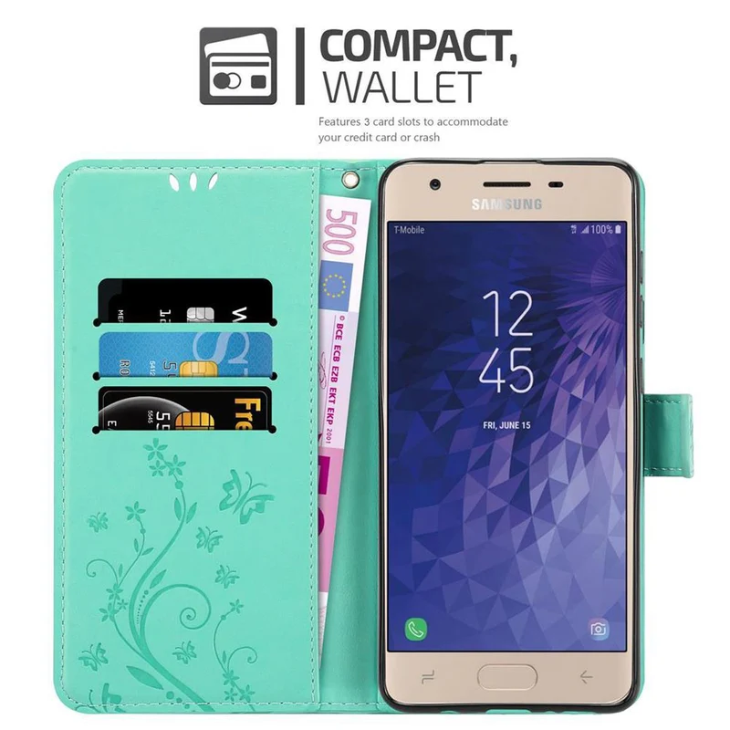 Cadorabo Hülle kompatibel mit Samsung Galaxy J3 2018 Schutzhülle im Blumen Design mit Magnetverschluss, Standfunktion und Kartenfächern