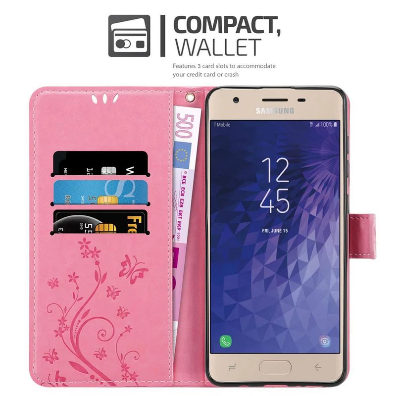 Cadorabo Hülle kompatibel mit Samsung Galaxy J3 2018 Schutzhülle im Blumen Design mit Magnetverschluss, Standfunktion und Kartenfächern