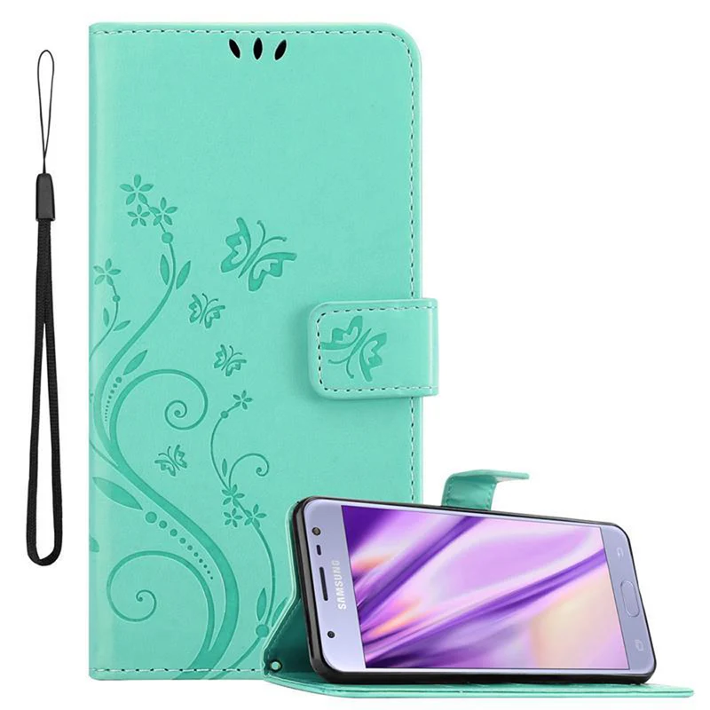 Cadorabo Hülle kompatibel mit Samsung Galaxy J3 2017 Schutzhülle im Blumen Design mit Magnetverschluss, Standfunktion und Kartenfächern
