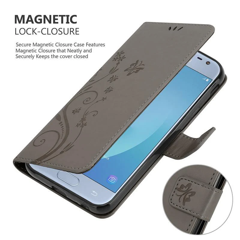 Cadorabo Hülle kompatibel mit Samsung Galaxy J3 2017 Schutzhülle im Blumen Design mit Magnetverschluss, Standfunktion und Kartenfächern