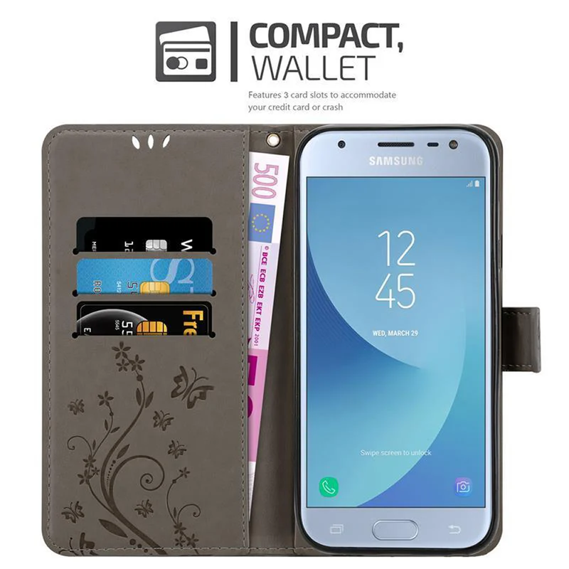 Cadorabo Hülle kompatibel mit Samsung Galaxy J3 2017 Schutzhülle im Blumen Design mit Magnetverschluss, Standfunktion und Kartenfächern
