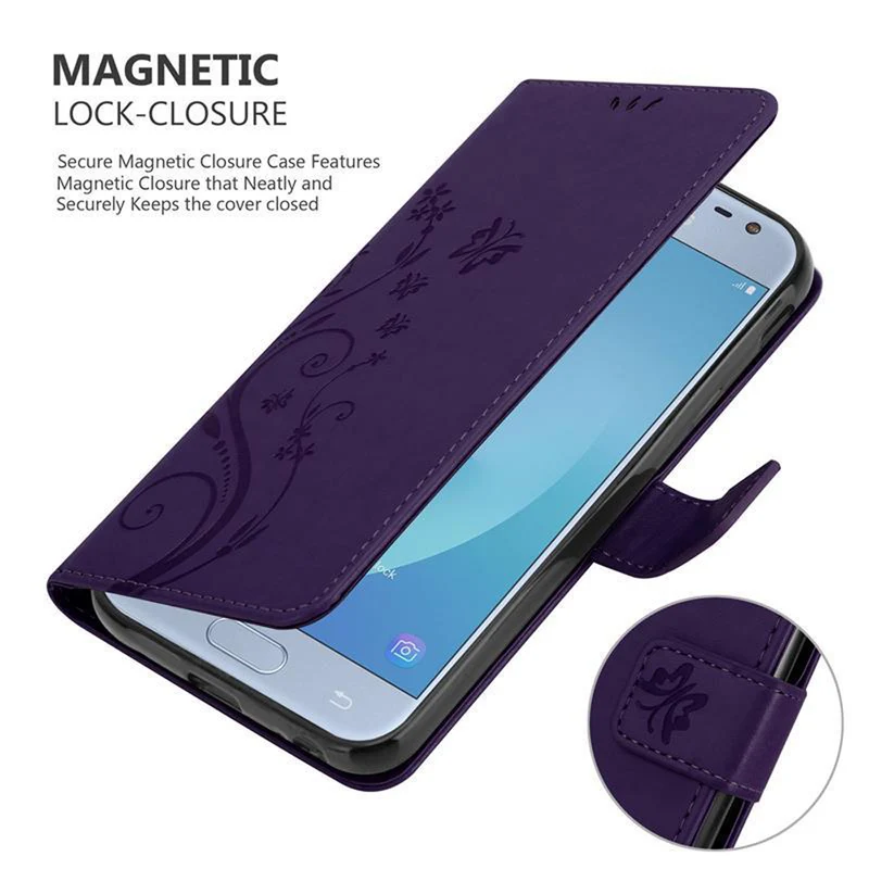 Cadorabo Hülle kompatibel mit Samsung Galaxy J3 2017 Schutzhülle im Blumen Design mit Magnetverschluss, Standfunktion und Kartenfächern