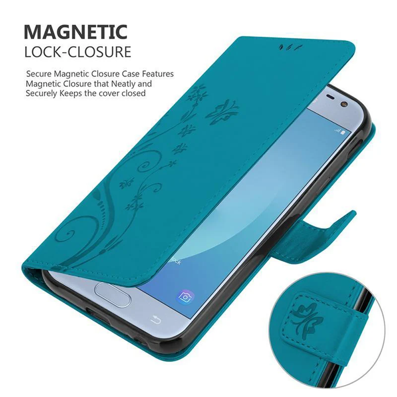 Cadorabo Hülle kompatibel mit Samsung Galaxy J3 2017 Schutzhülle im Blumen Design mit Magnetverschluss, Standfunktion und Kartenfächern