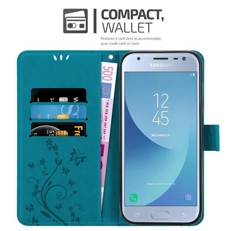 Cadorabo Hülle kompatibel mit Samsung Galaxy J3 2017 Schutzhülle im Blumen Design mit Magnetverschluss, Standfunktion und Kartenfächern